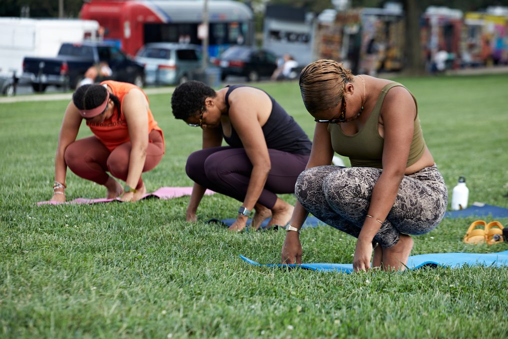 An outdoor class where no two people are in the same shape.